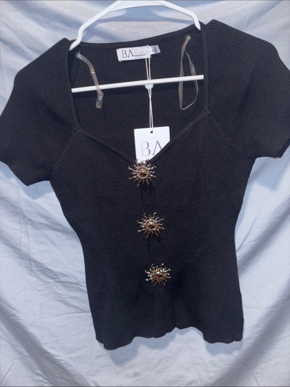 Knit Short-Sleeve Black Button-Front Top with silver Sunburst Buttons